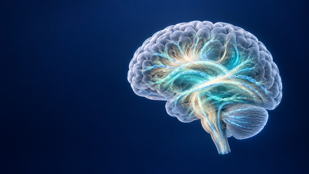 Hypothetical 3D brain model illustrating myelinated pathways
